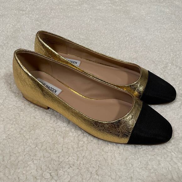 Steve Madden Blair Cap Toe Ballet Flat Gold Metallic Black Round Toe 9 - Picture 5 of 7